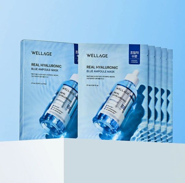 Зволожувальна тканинна маска з гіалуроновою кислотою WELLAGE Real Hyaluronic Blue Ampoule Mask Sheet, 5 шт NC004918 фото